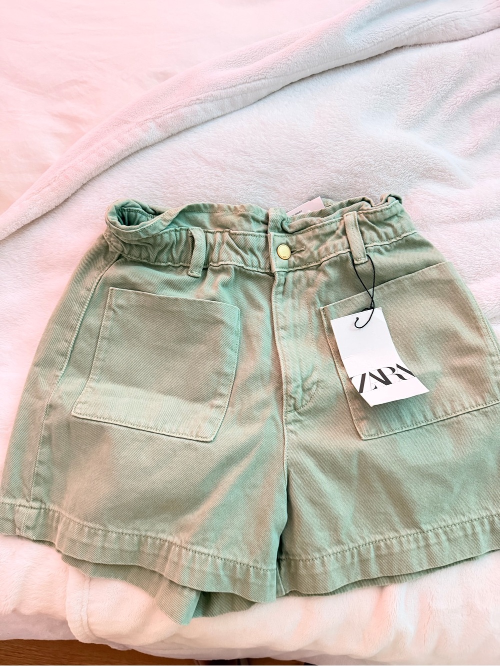 ZARA Mint Green Elastic Waist Paperbag Shorts